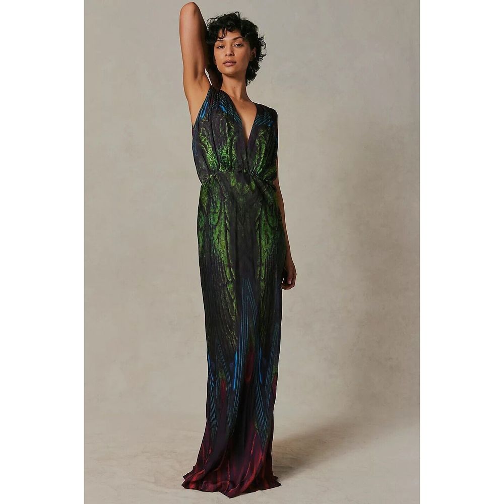 Free People Black Maxi Dress with Green and Blue Print